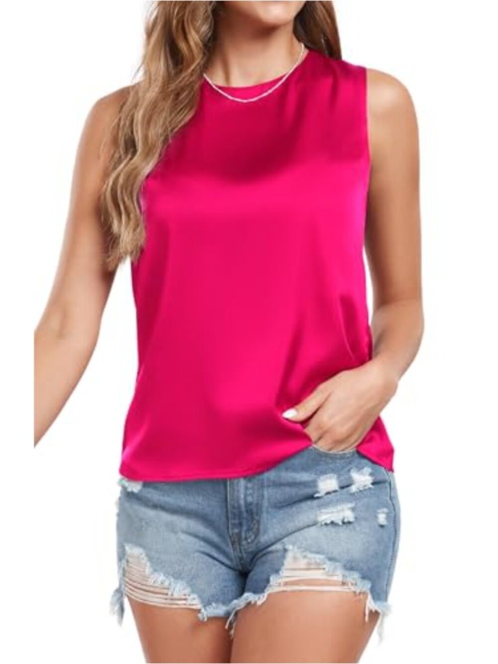 Womens Satin Silk Tank Top Sleeveless Crew Neck Blouse Loose Fit Summer Casual